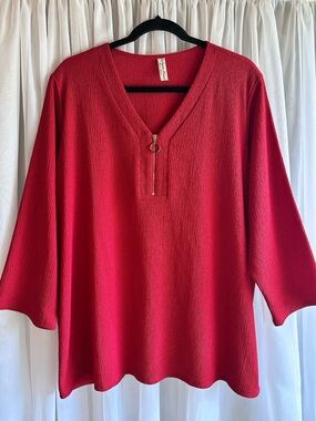 Perseption Concept Red Textured Zipper V-Neck 3/4 Sleeve Top size 1X